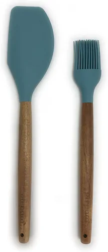 Vista 12 de Prepara Juego de 2 cucharones de sopa y cuchara ranurada de acacia y silicona, color verde espuma de mar