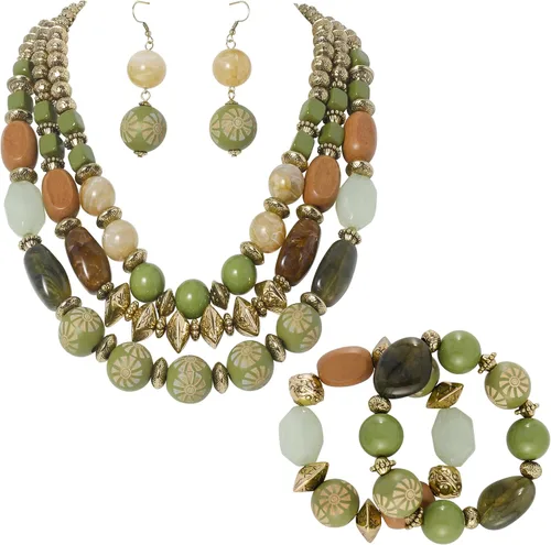 Vista 13 de Bocar Juego de Collar, Aretes y Pulsera de 3 Capas con Cuentas Gruesas, Conjunto de Joyería de Collar de Mujer de Múltiples Capas de Moda Amarillo