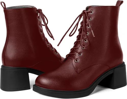 Vista 13 de ROSERWISH Botas altas de tacón bajo y grueso para mujer, con cordones, cómodas, modernas, con puntera redonda, de 2.5 pulgadas