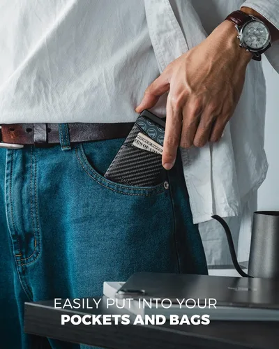 Vista 6 de VULKIT Cartera desplegable para tarjetas de crédito con ranuras de cuero adicionales con bloqueo RFID, funda delgada de metal para tarjetas, Carbon