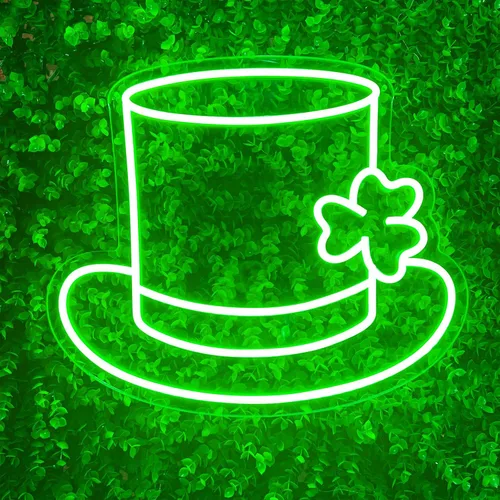 Vista 8 de Letrero LED de trébol de neón con diseño de trébol de San Patricio, color verde claro, sombrero de la suerte, trébol, para decoración de pared