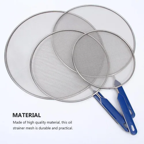 Vista 7 de 4 piezas de acero inoxidable cubierta de aceite de malla de metal protector de salpicaduras de aceite con asas azules resistente al calor protector