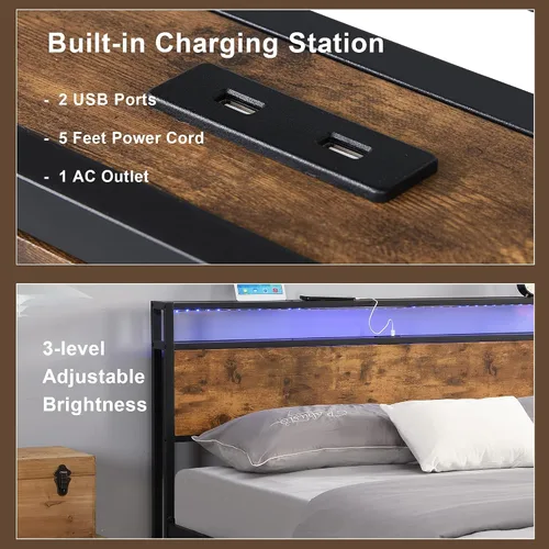 Vista 4 de Marco de cama industrial de tamaño completo con luces LED, 2 puertos USB, almacenamiento de 2 niveles, marrón rústico