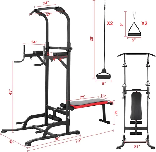 Vista 2 de Arlopu Torre de Potencia con Banco, Soporte de Barra de Dominadas, Barra de Fondos con Banco Plegable, 4 Cuerdas Entrenamiento de Fuerza, Equipo