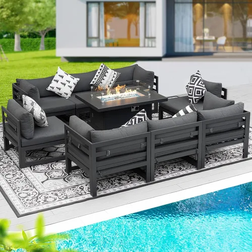 Vista 50 de BULEXYARD - Sofá modular de aluminio para exteriores con mesa para fogata, 7 piezas, color verde azulado
