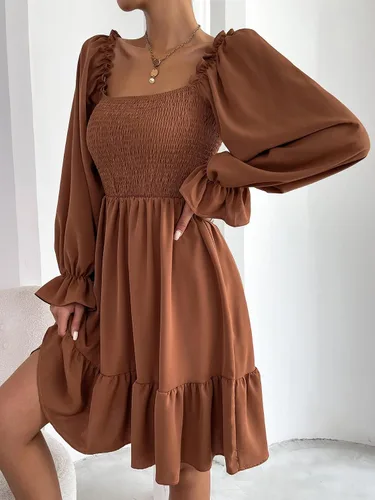 Vista 4 de MakeMeChic Vestido corto de manga larga con volantes y cuello cuadrado para mujer