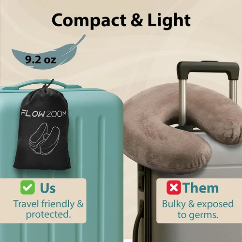 Vista 7 de FLOWZOOM Almohada inflable para el cuello para viajar en avión, almohada de avión con capucha en forma de H con 5 modos de repetición, inflado Negro