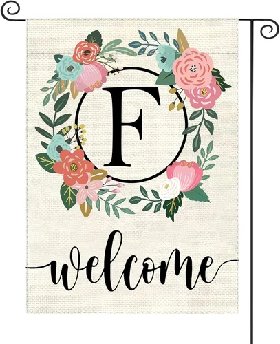 Vista 12 de Bandera de jardín con letra monograma, floral, 12 x 18 pulgadas, doble cara para exterior, pequeña de arpillera, familia, apellido, bandera inicial