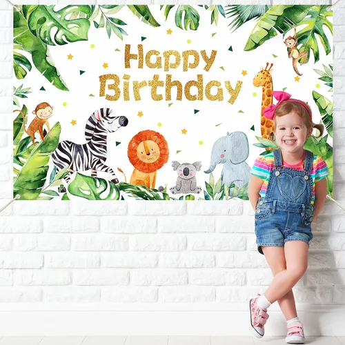 Vista 4 de Suministros para fiesta de cumpleaños de safari con temática de animales de la selva, telón de fondo, zoológico, animales, decoraciones de fiesta