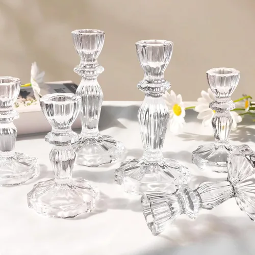 Vista 8 de Juego de 3 portavelas de cristal, diseño de rayas ámbar para centro de mesa, decoración del hogar, boda y fiesta