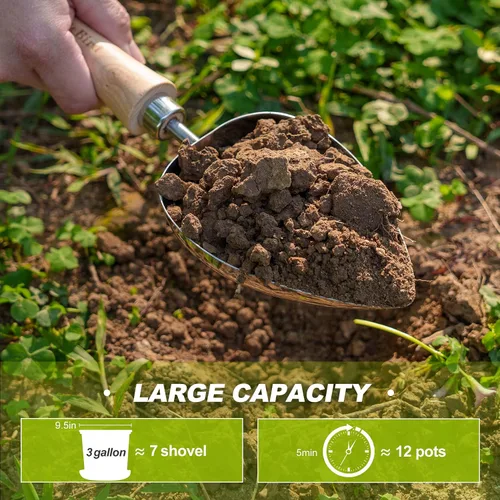 Vista 4 de Berry&Bird Cuchara de tierra de gran tamaño, cuchara de jardinería de acero inoxidable de 12.9 pulgadas con mango de madera de fresno