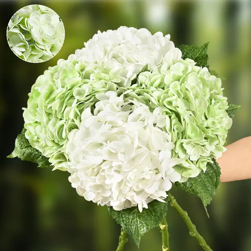 Vista 18 de Flores artificiales de hortensias de tacto real, 2 flores azules y 2 blancas de tacto real, flores de hortensias sintéticas de 21 pulgadas, flores