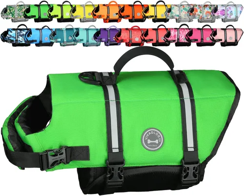 Vista 13 de VIVAGLORY Chaleco salvavidas para perros Rip Stop, chaleco de natación con asa, flotabilidad para perritos cachorros, chaleco salvavidas para perros