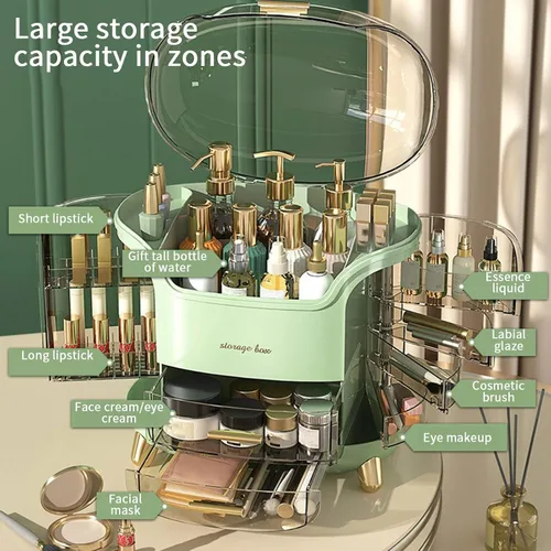 Vista 5 de Organizador de maquillaje para tocador, organizador de cuidado de la piel impermeable y a prueba de polvo con tapa y cajones, caja de almacenamiento