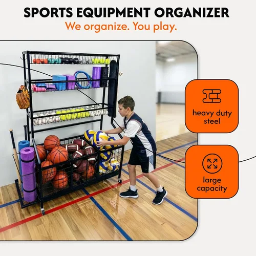Vista 6 de AMPLY Organizador de equipo deportivo, estante de almacenamiento de pelotas deportivas rodantes con cubos de bolas grandes, rejilla lateral