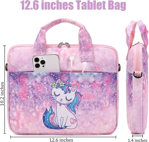 Vista 4 de JIANYA Bolsa de transporte para tableta para niños con correa para el hombro, 10-12.5 pulgadas, mármol cian