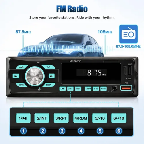 Vista 5 de Radio de coche Bluetooth Single DIN Audio estéreo para automóvil, audio para automóvil con Bluetooth dual y control de aplicaciones, compatible