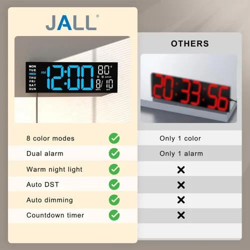 Vista 8 de JALL Reloj de pared grande de 16" digital con montaje en pared, temporizador de cuenta regresiva, alarma, LED grande, color RGB, horario de verano