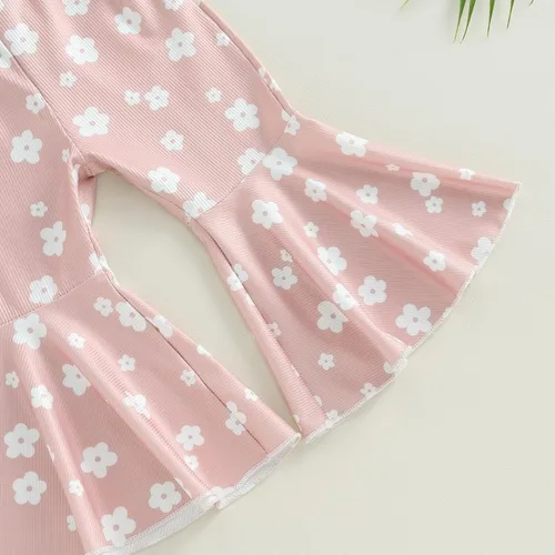 Vista 6 de Ropa de verano para bebé niña, sin mangas, estampado floral, correa acanalada, parte superior acampanada, pantalones de 2 piezas