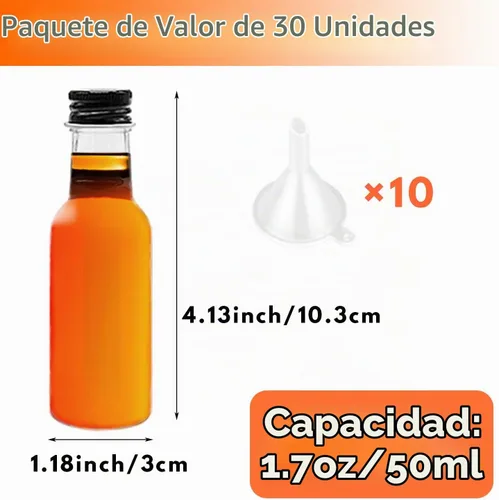 Vista 3 de Mini botellas de licor, paquete de 30 botellas herméticas de plástico con tapa negra, 1.7 onzas vacías de alcohol con 10 embudos, miniatura