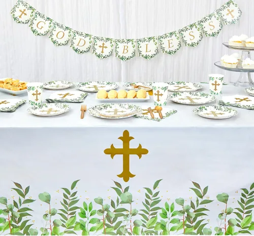 Vista 2 de Sparkle and Bash Manteles de bautismo, paquete de 3, 54 x 108 pulgadas, plástico dorado, decoración de mesa religiosa desechable para bautismo