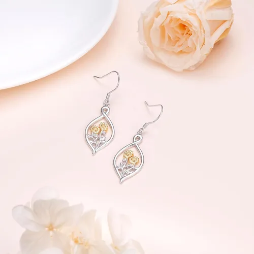 Vista 71 de Aretes colgantes de filigrana de plata de ley 925, margarita, loto, flor de rosa, piedra lunar, lágrima para mujer, nudo celta infinito, margarita