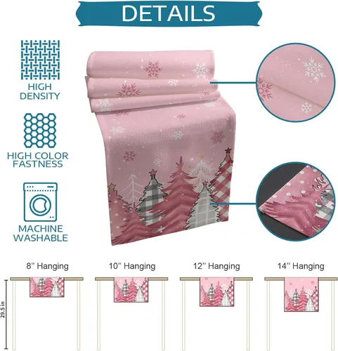 Vista 7 de Blush Pink Cotton Linen Small Table Runner 13 x 36 inch Non-Slip Rectangular Dining Table Decor for Wedding Party Holiday Dinner Christmas Pine Tree
