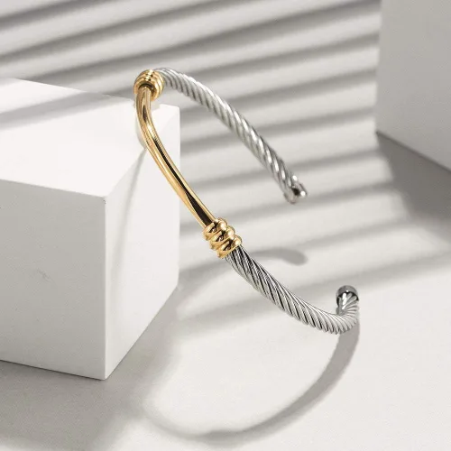 Vista 2 de CIUNOFOR Pulsera para mujeres y hombres, plata y oro, oro rosa, inspirada en cable antiguo, acero inoxidable trenzado, joyería para adultos