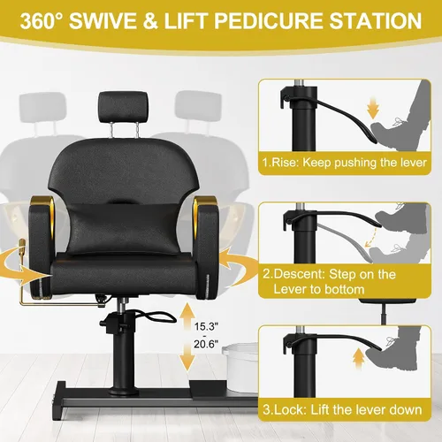 Vista 6 de KIGOTY Silla de pedicura sin fontanería, estación de pedicura reclinable con altura ajustable y giro de 360 grados, silla de spa hidráulica