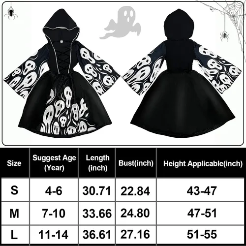Vista 2 de Camlinbo Halloween Witch Costume for Girls Witch Dress Black Hooded Halloween Dress Up Party Costume for Girls 4-14 Years