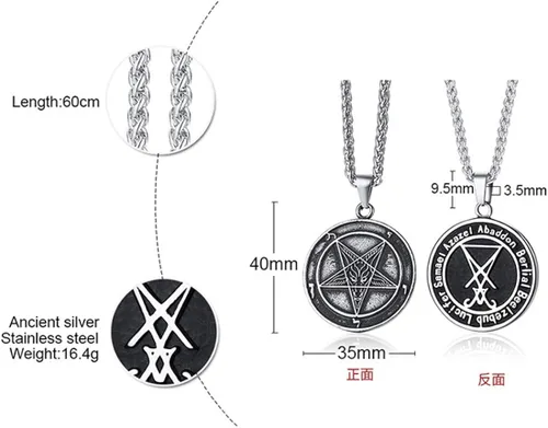 Vista 3 de Jakob Miller Collar con colgante de cruz de Satán Leviatán de acero inoxidable para hombres y mujeres, joyería con símbolo de brimstone