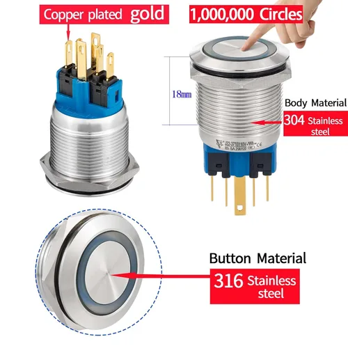 Vista 4 de 2 interruptores de botón de cierre de 0.866 in, 7/8 pulgadas, 110 V-120 V, SPDT, interruptor de encendido y apagado, impermeable, IP67, acero Azul