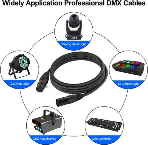 Vista 7 de Cable DMX de 10 pies, paquete de 4 cables de luz DMX de 9.8 ft, cables DMX de 3 pines, cable de señal XLR macho a hembra con conectores metálicos