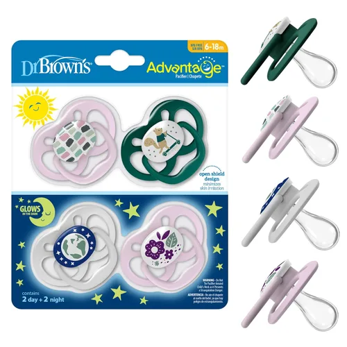 Vista 14 de Dr. Brown's Advantage Glow-in-the-Dark Baby Pacifier, Fully Symmetrical Soother with Soft Silicone Bulb, Blue Nature, 6-18m, BPA Free, 2 Pack