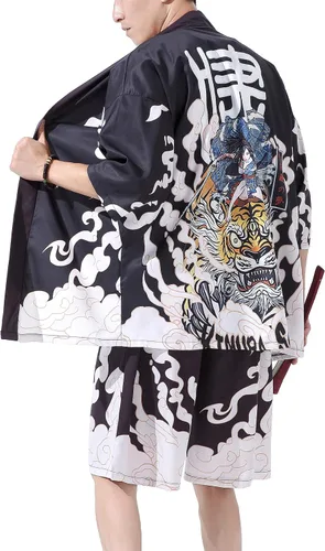 Vista 2 de PRIJOUHE Conjunto de kimono de estilo japonés para hombre, ligero, casual, con siete mangas, frente abierto, cárdigan y pantalones cortos