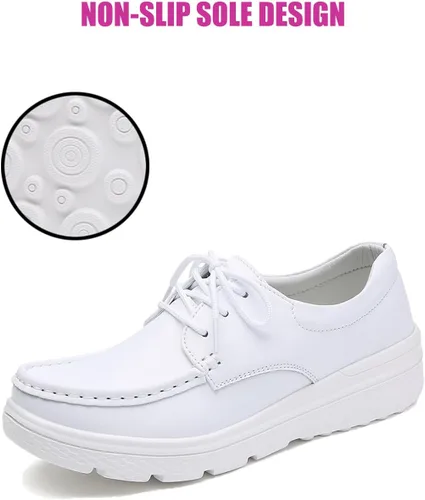 Vista 5 de DirraBra Mocasines de cuero para mujer, con plataforma, con cordones, transpirables, ligeros, cómodos