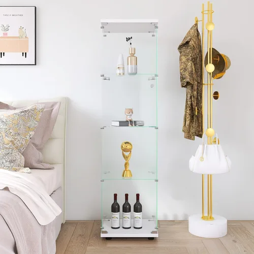 Vista 18 de Vitrina de cristal con luces LED y cerradura, vitrina Curio de 4 niveles con puerta de cristal, estantería de pie para sala de estar, dormitorio