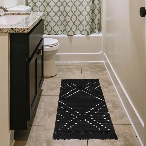 Vista 7 de LIVEBOX Alfombra de baño bohemia negra de 2x3 pies, alfombra de baño lavable, pequeñas alfombras tejidas de algodón, alfombra de área marroquí
