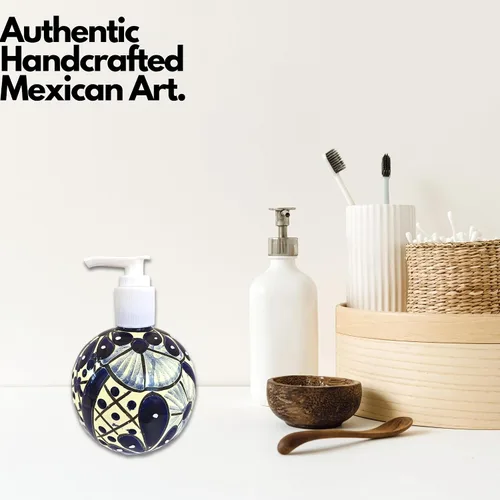 Vista 7 de Talavera - Dispensador de jabón y loción de cerámica – Talavera azul y blanco – para encimeras de cocina o baño – Cerámica mexicana pintada a mano