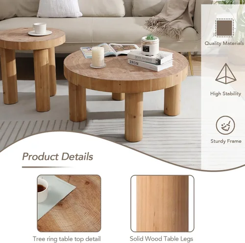 Vista 7 de RUSTOWN - Mesa auxiliar redonda de 2 piezas con patas gruesas de madera maciza Rustic Coffee Table Sets, Natural Circle Wooden Ring Finish