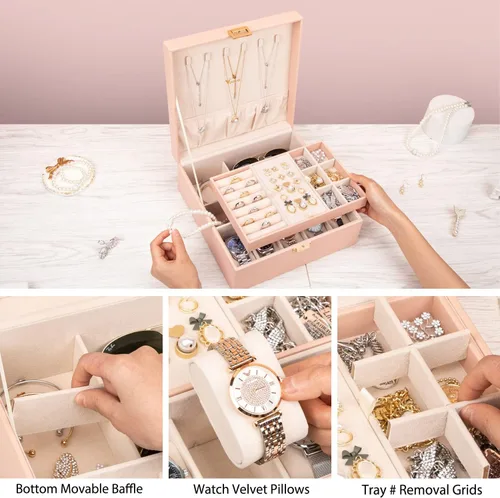 Vista 3 de Voova Joyero organizador para mujeres y adolescentes, estuche grande de almacenamiento de 2 capas, soporte de joyería de piel sintética con bandeja