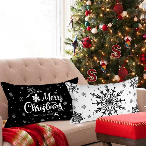 Vista 4 de Lanpn Fundas de Cojín Lumbar Navideñas de 12x20, 4 piezas, Blanco y Negro Feliz Navidad Xmas Invierno Copo de Nieve Fundas de Almohada de Cojín