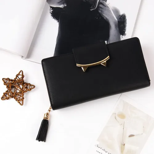Vista 6 de HeySun Adorable monedero con orejas de gato para mujer, cartera larga, con clip para dinero, Negro -, Casual