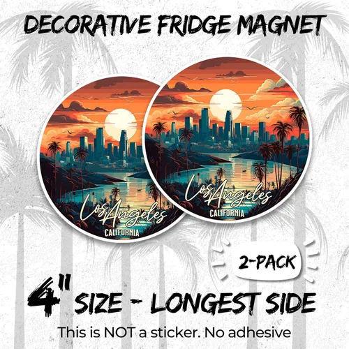 Vista 2 de Imán de Los Ángeles California de 4 pulgadas, paquete de 2 unidades, diseño urbano – Imanes de viaje decorativos de vinilo fuerte para nevera