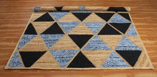 Vista 6 de Chindi - Alfombra cuadrada de yute de algodón de 3 pies, diseño beige y multicolor, patrón geométrico trenzado a mano de yute para interiores