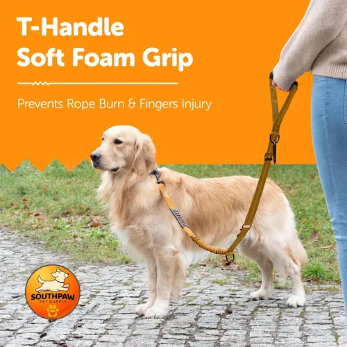 Vista 5 de Correa elástica para perro con absorción de golpes de 4 a 7 pies para Golden Retreivers con hebilla de cinturón de seguridad y mango acolchado