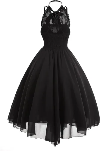 Vista 3 de Yevin Vestido gótico renacentista de corsé, disfraz de vampiro, ropa gótica para mujer (negro)