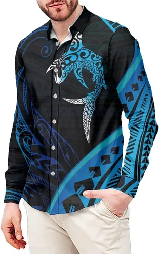 Vista 24 de Camisas polinesias para hombre con patrones de hojas tropicales polinesias, camisa hawaiana de manga larga para hombre, ropa de vacaciones de otoño