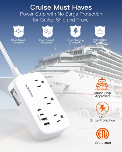 Vista 7 de Regleta de alimentación de 15 pies con enchufe plano y USB C, cable de extensión plano BESHON, 6 tomas de corriente 4 puertos USB (2 USB C), sin