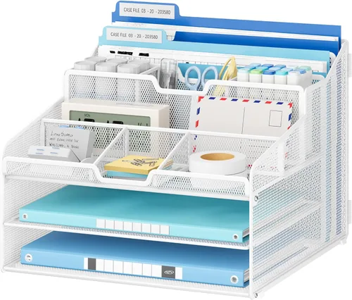 Vista 12 de Lavatino Organizador de escritorio, malla metálica con 2 bandejas de papel para cartas, 7 divisores flexibles, 2 soportes verticales para archivos